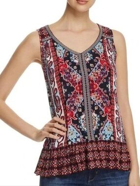 Bila Navy Blue India Print Boho Sleeveless Ruffled Top